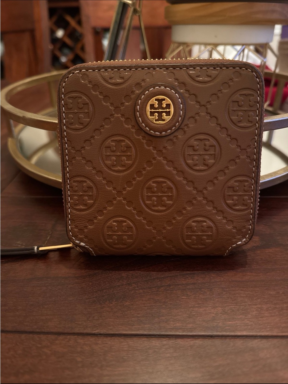 Tory Burch Brown Embossed Logo Zip Coin Wallet
